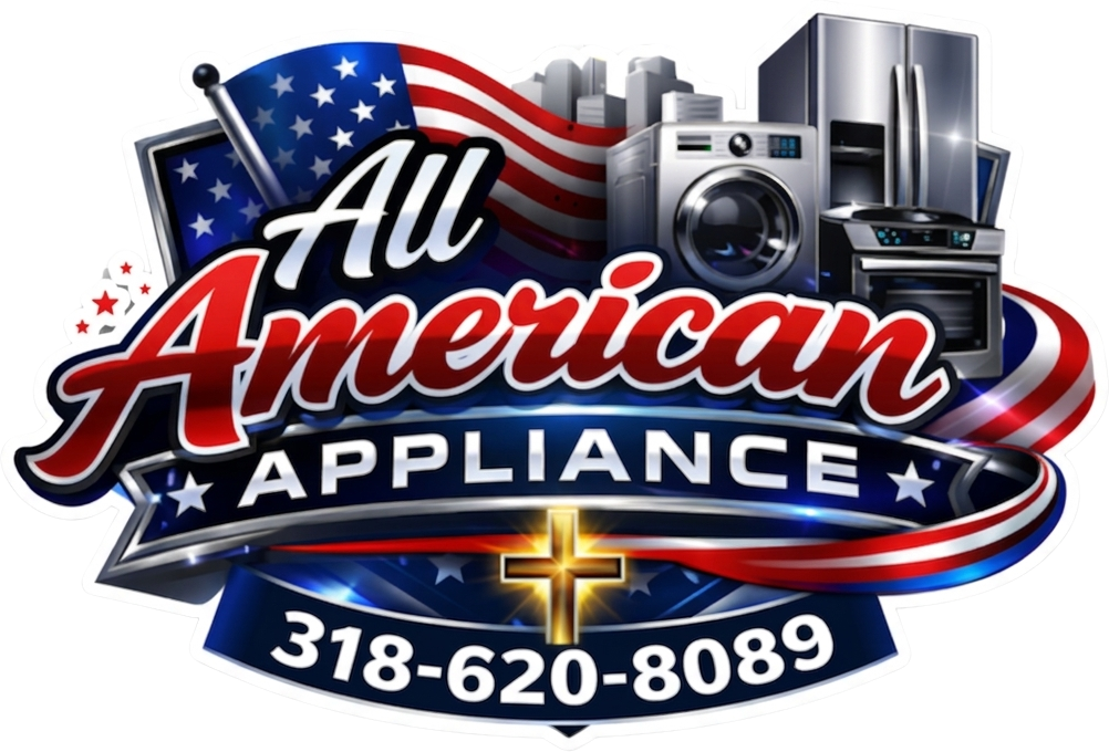 All American Appliance logo with U.S. flag, appliances, and phone number 318-620-8089