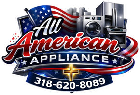 All American Appliance logo with U.S. flag, appliances, and phone number 318-620-8089