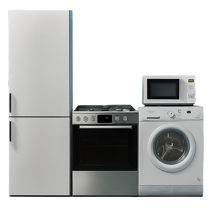 White refrigerator, stainless steel stove, and white microwave on a washing machine against a plain background
