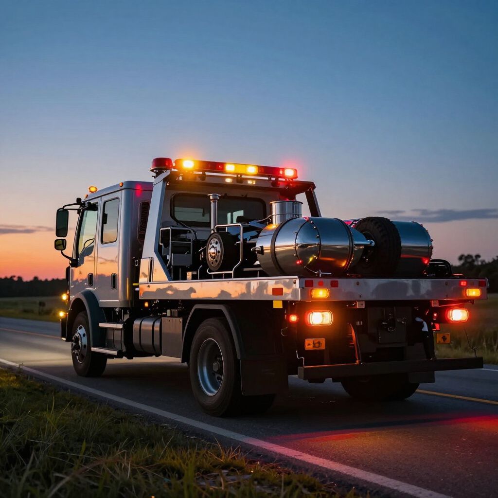 Tow truck with flashing lights carrying a car on a highway at dusk