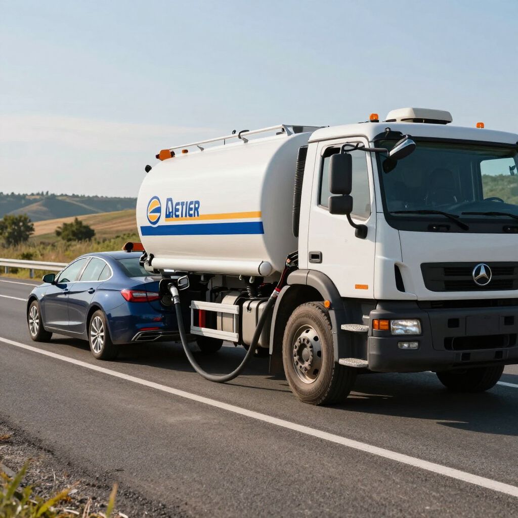 White tanker truck towing a blue sedan on a highway shoulder