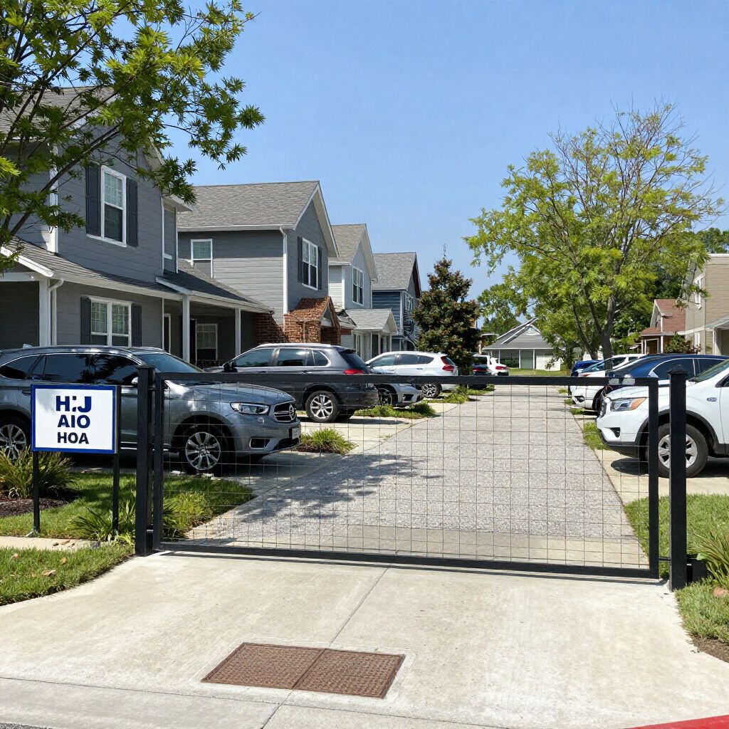 Gated community entrance with parked cars, townhouses, and a sign that reads,