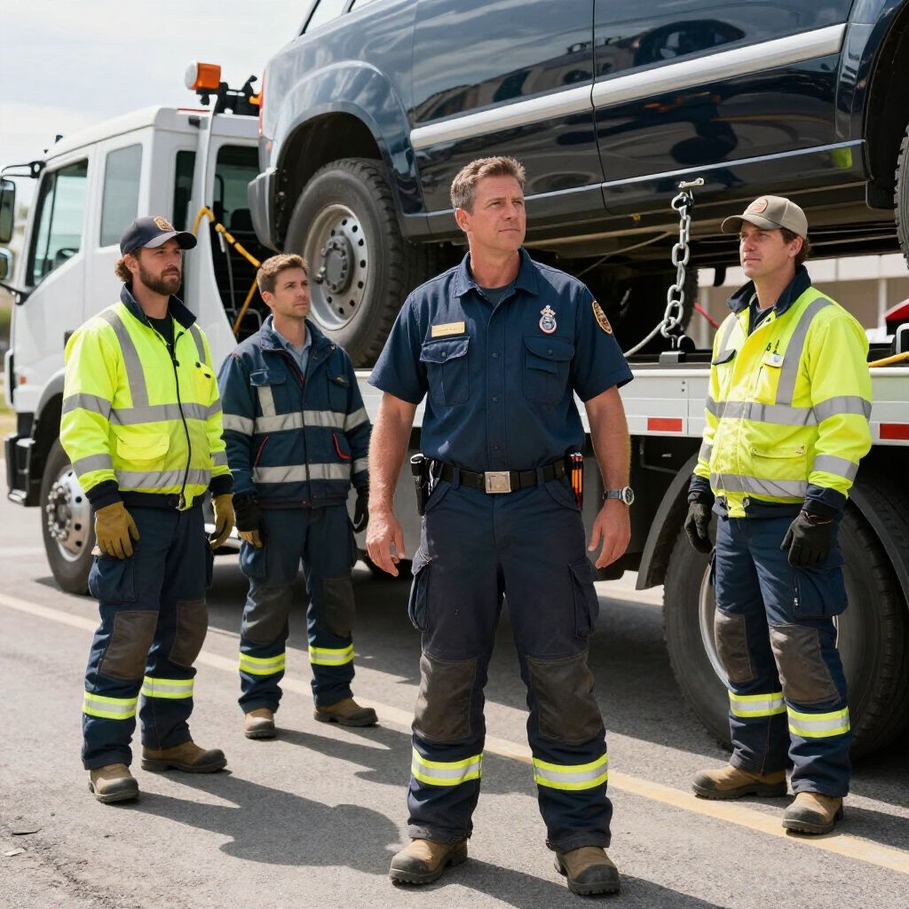 Four utility workers in high-visibility gear stand beside a lifted black truck on a tow truck.
