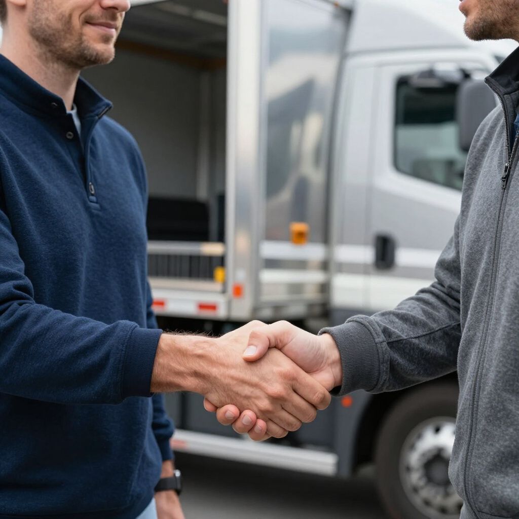 Two men shaking hands in front of a delivery truck. One wears a blue shirt, the other a gray jacket.