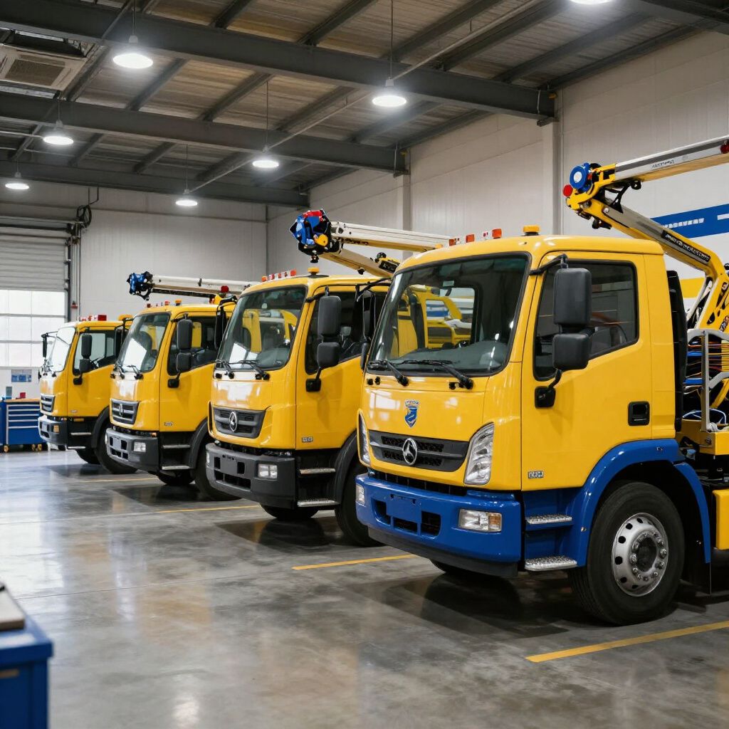 Yellow utility trucks lined up in a warehouse garage
