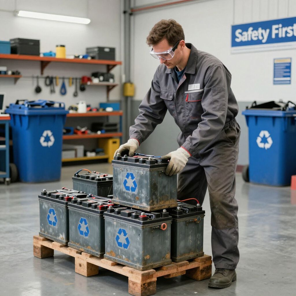 Worker in a safety gear stacking large batteries on a pallet in a workshop