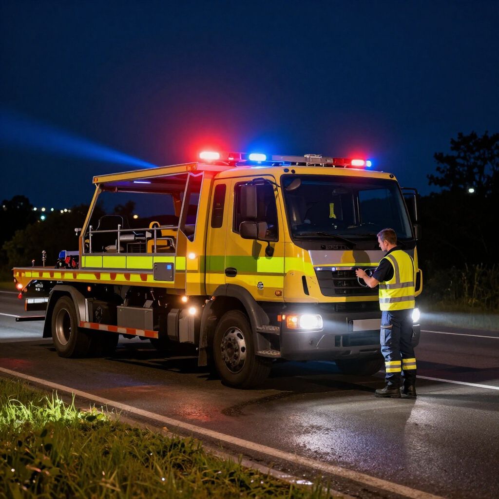Tow truck with flashing red and blue lights on a road at night, driver standing beside it.