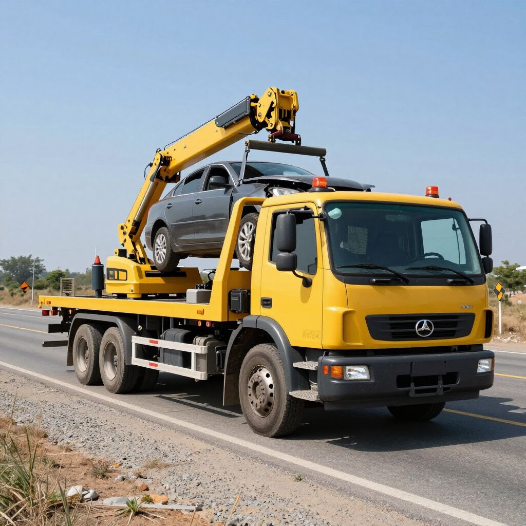 Yellow tow truck carrying a gray car on a sunny road.