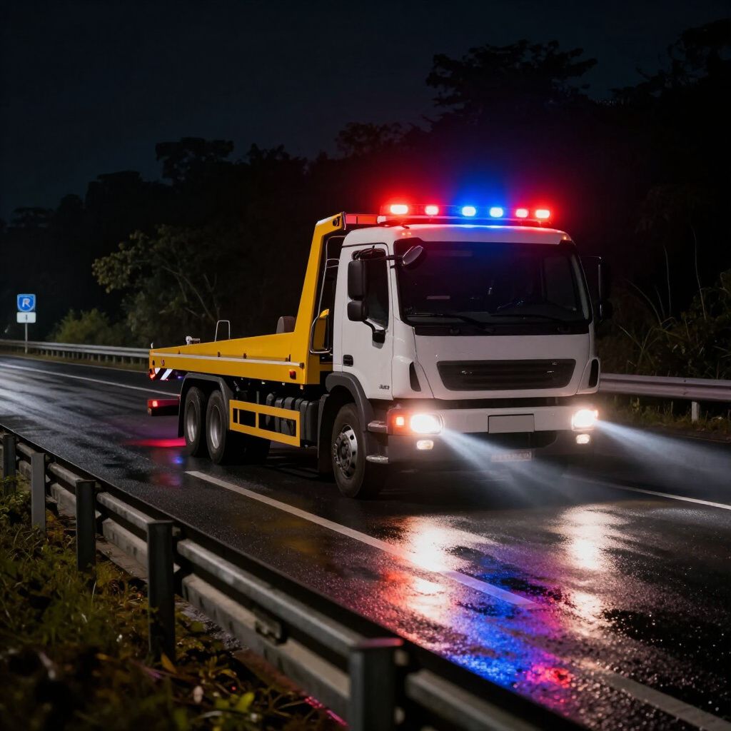 Yellow tow truck with flashing red and blue lights on a wet road at night