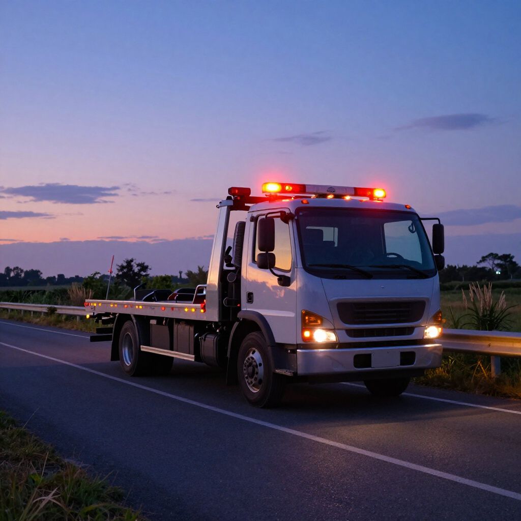 Tow truck with flashing red lights parked on a roadside at dusk