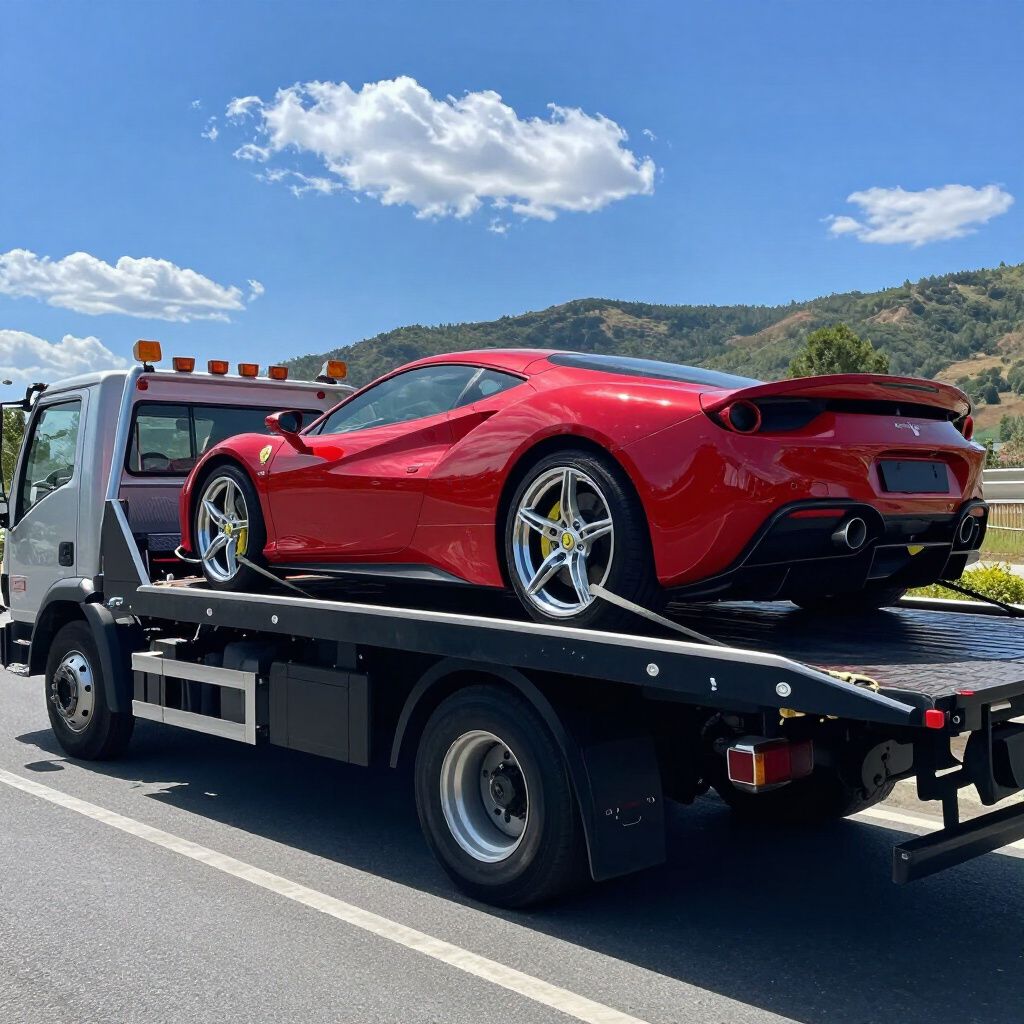 Red Ferrari sports car on a flatbed tow truck. Sunny day, mountains in the background.