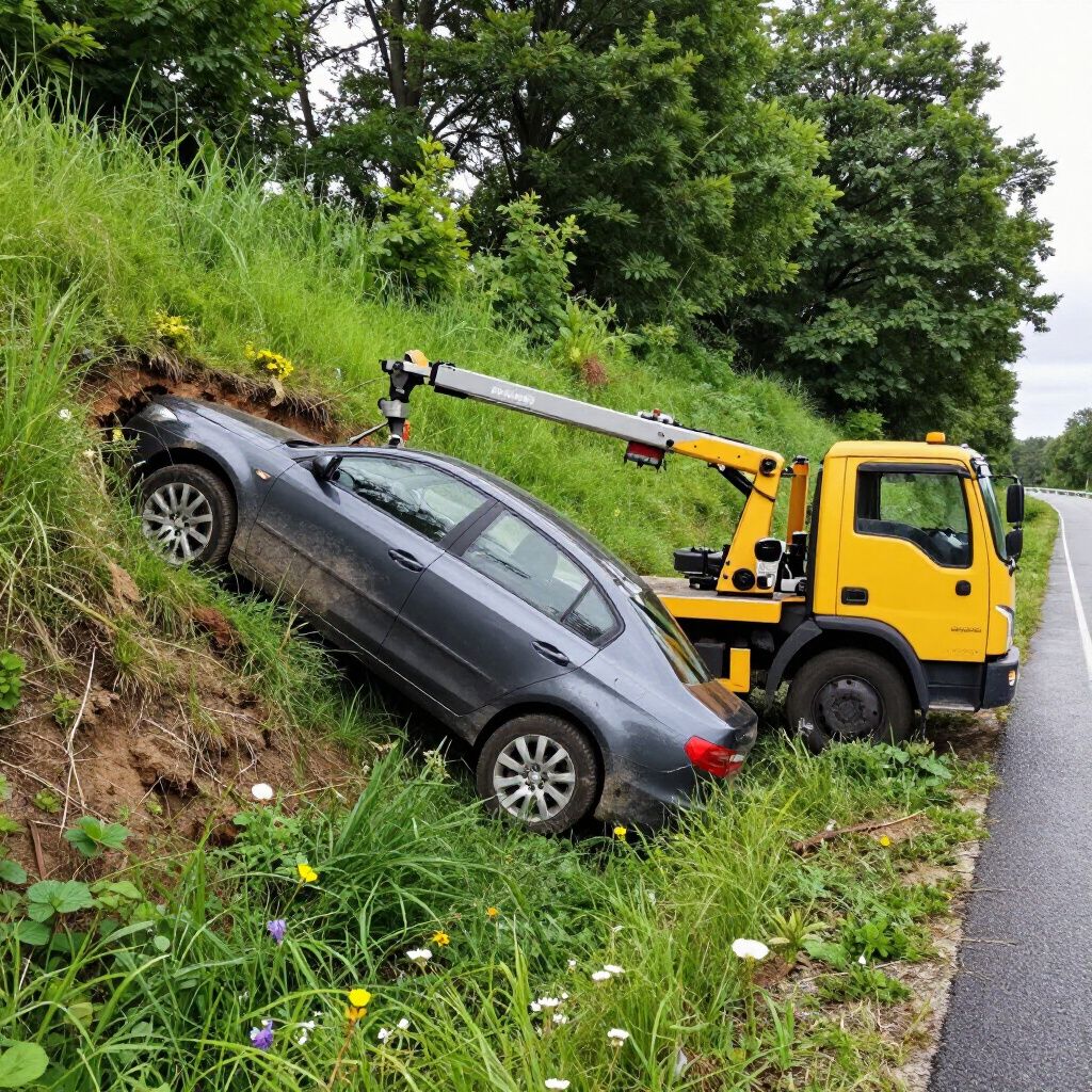 A car being towed out of a grassy ditch by a yellow tow truck on the side of a road.