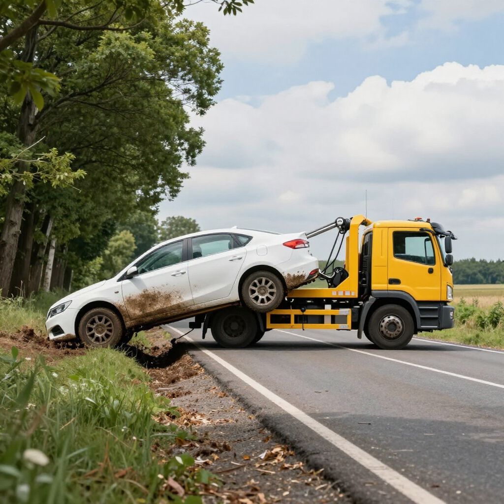 Tow truck lifting a white car off the roadside near trees on a cloudy day