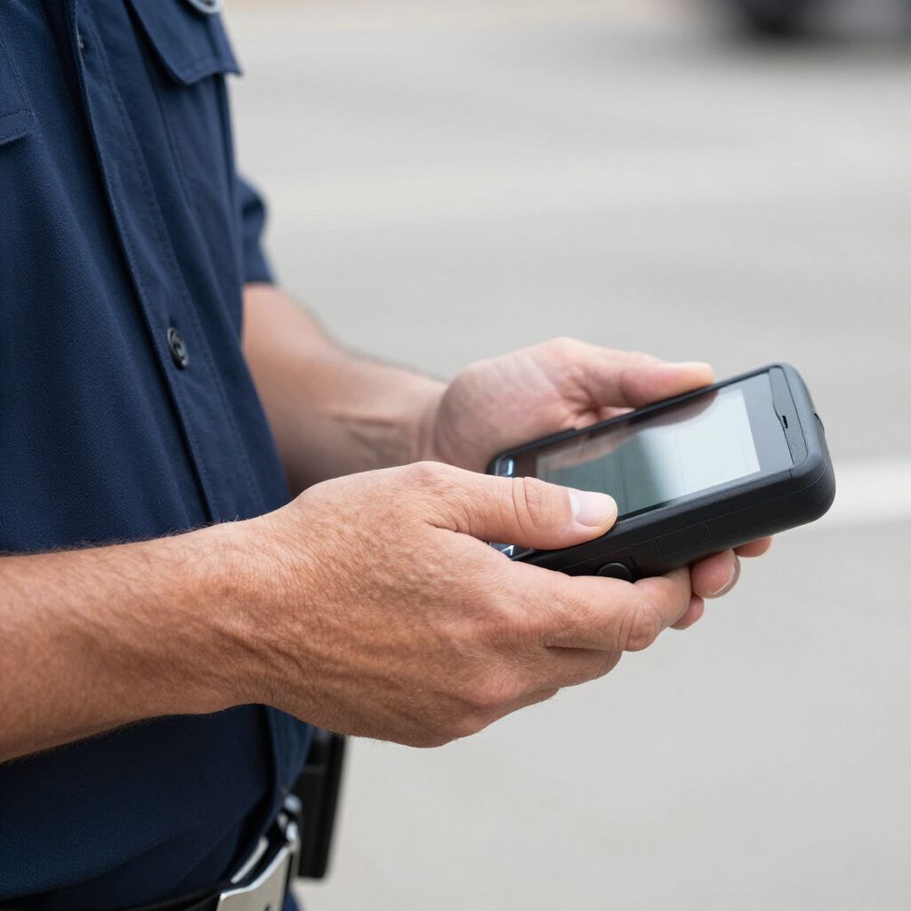 Police officer holding a smartphone, outdoors.