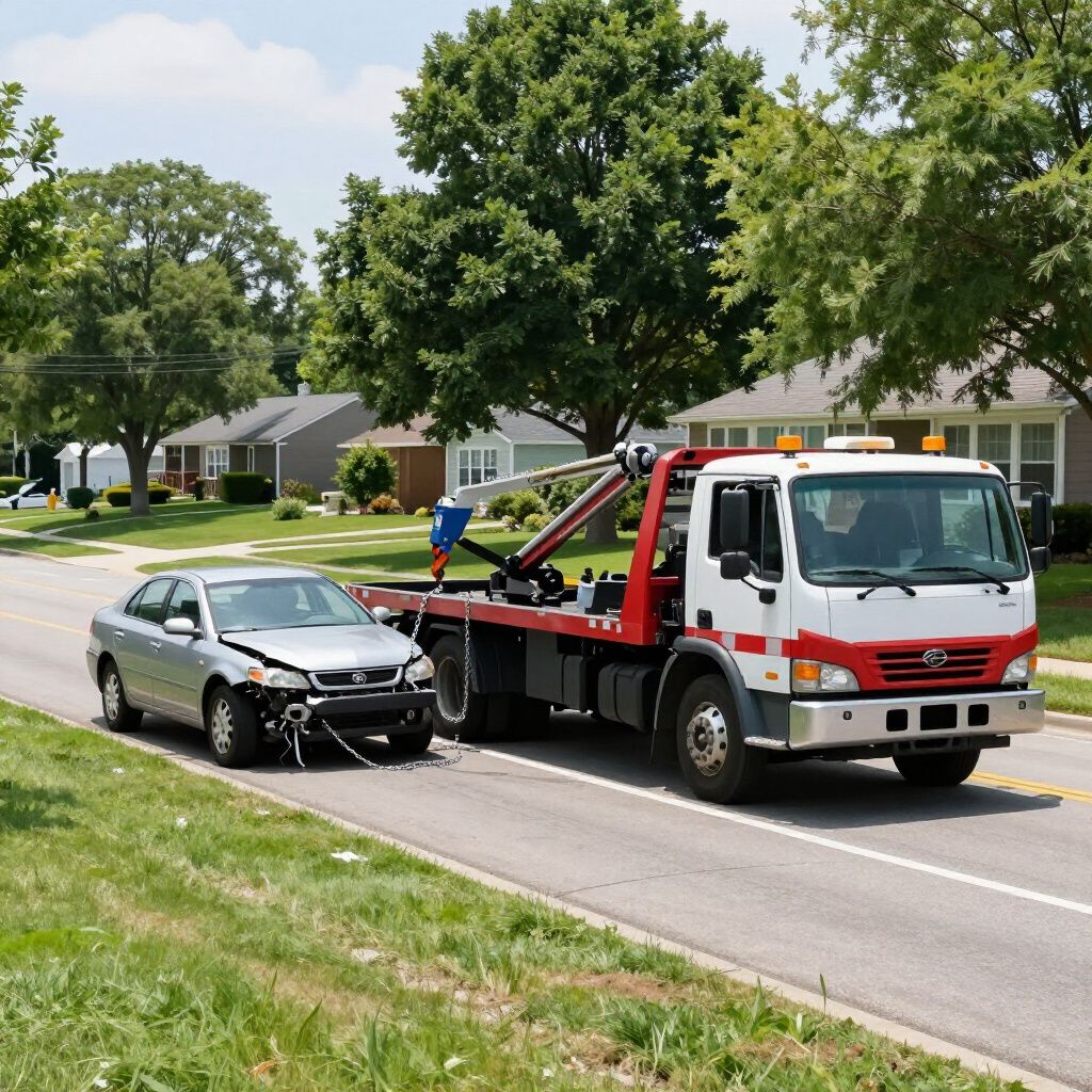 Tow truck hooking up a damaged gray sedan on a suburban street, with houses and trees nearby