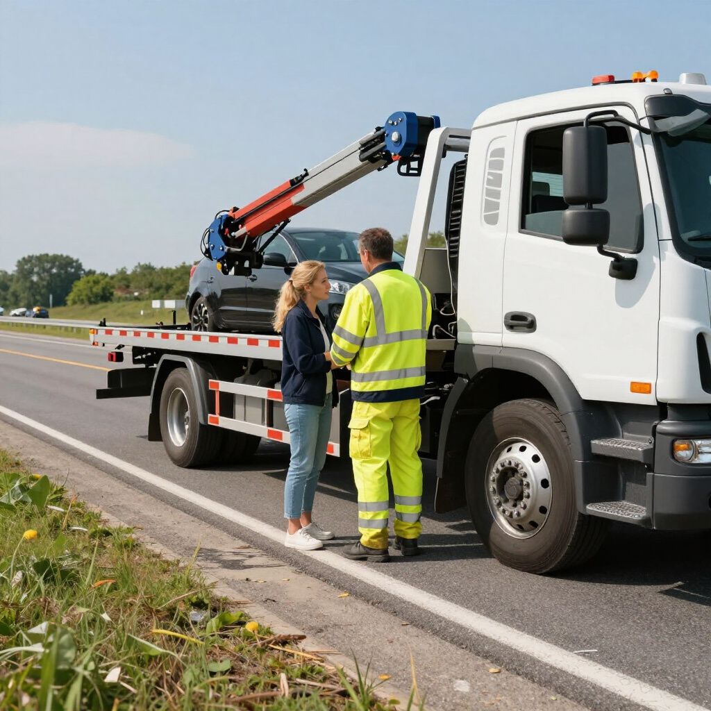 Tow truck driver and worker talking beside a white flatbed truck on a roadside shoulder