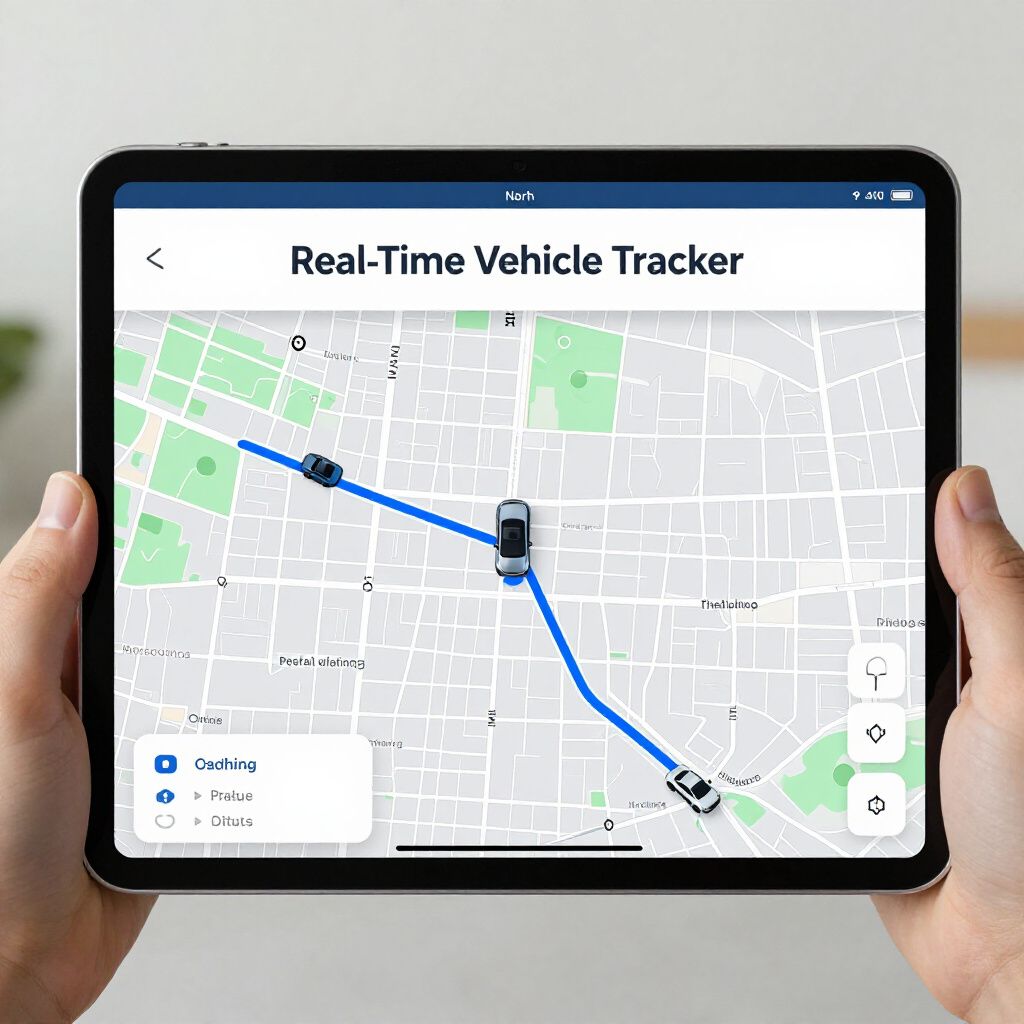 Tablet showing a real-time vehicle tracker map with a blue route and moving car icons