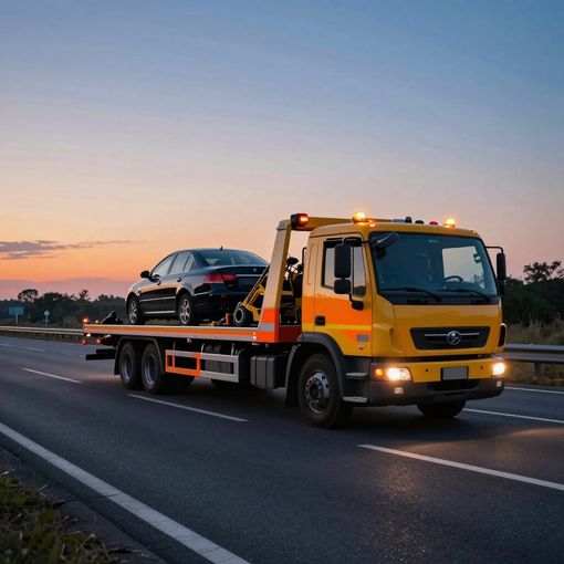 Yellow tow truck hauling a black car on a highway at sunset