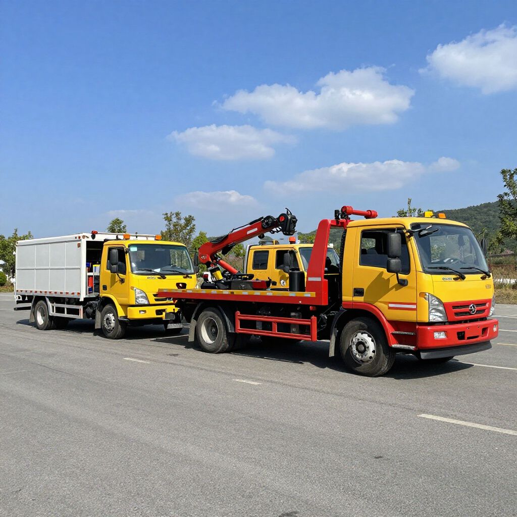 Two yellow tow trucks parked on a roadside under a blue sky with clouds