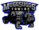 MUGGSUGG TOWING logo with a black tow truck and a gray bulldog on a blue and black design