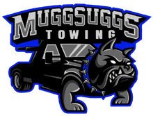 MUGGSUGG TOWING logo with a black tow truck and a gray bulldog on a blue and black design