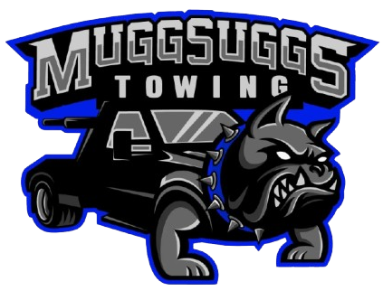 Muggsuggs Town logo with a black bulldog beside a black ATV, outlined in blue and white