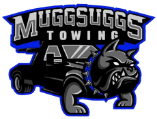 Muggsuggs Town logo with a black bulldog beside a black ATV, outlined in blue and white