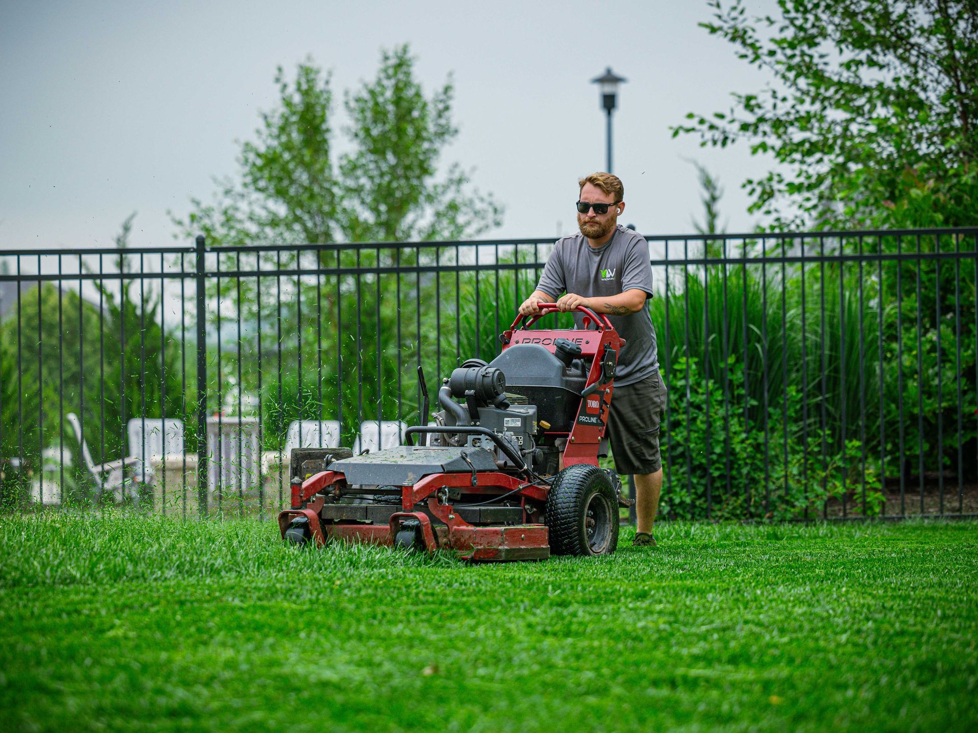 Person mowing a lush green lawn with a red riding mower near a black fence.