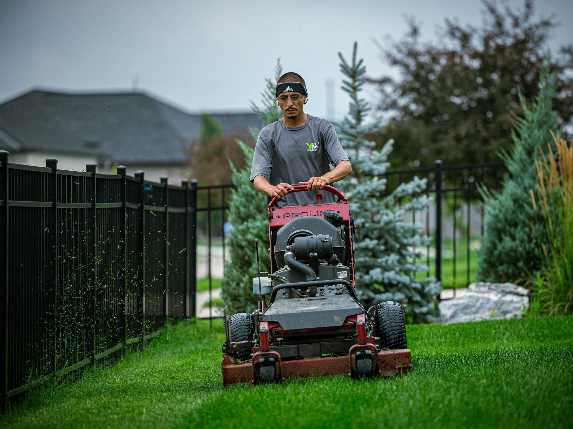 Person mowing a green lawn with a push mower beside a black fence and garden path.