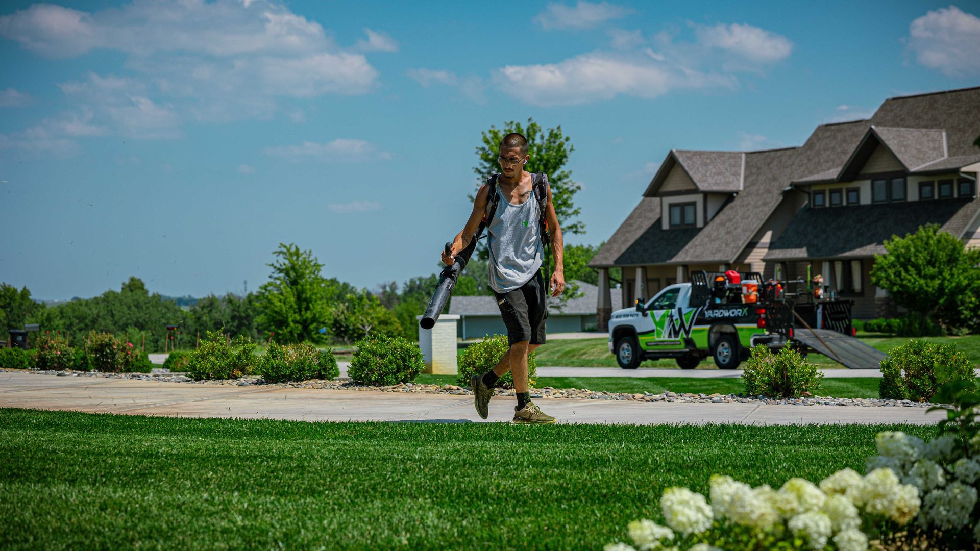Person carrying a small tree in a suburban yard near a house and lawn mower