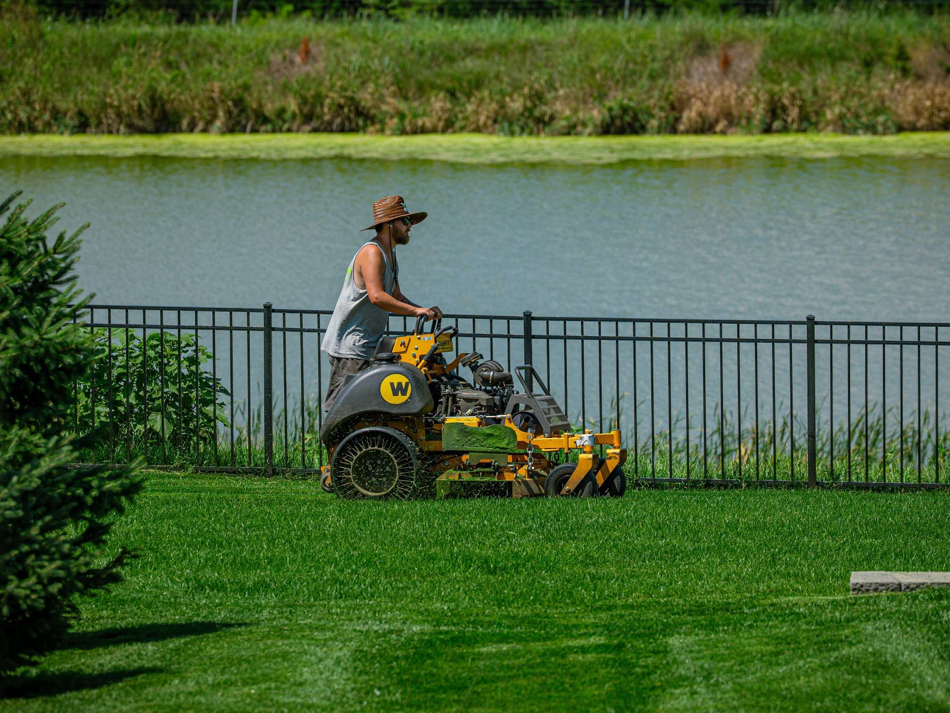Person mowing grass beside a river with a ride-on mower near a black fence.
