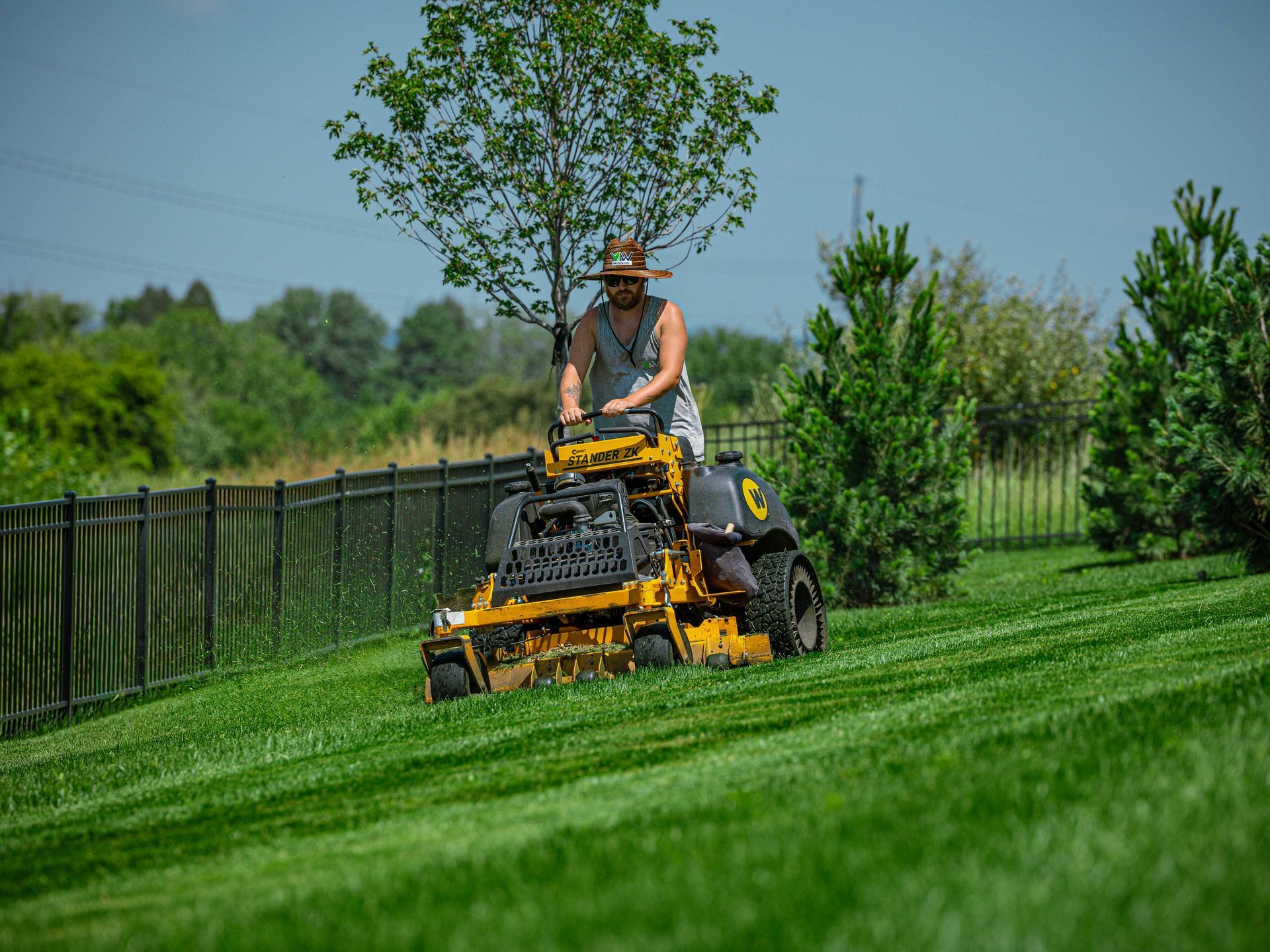 Person mowing a grassy field on a yellow riding mower beside a black fence and trees