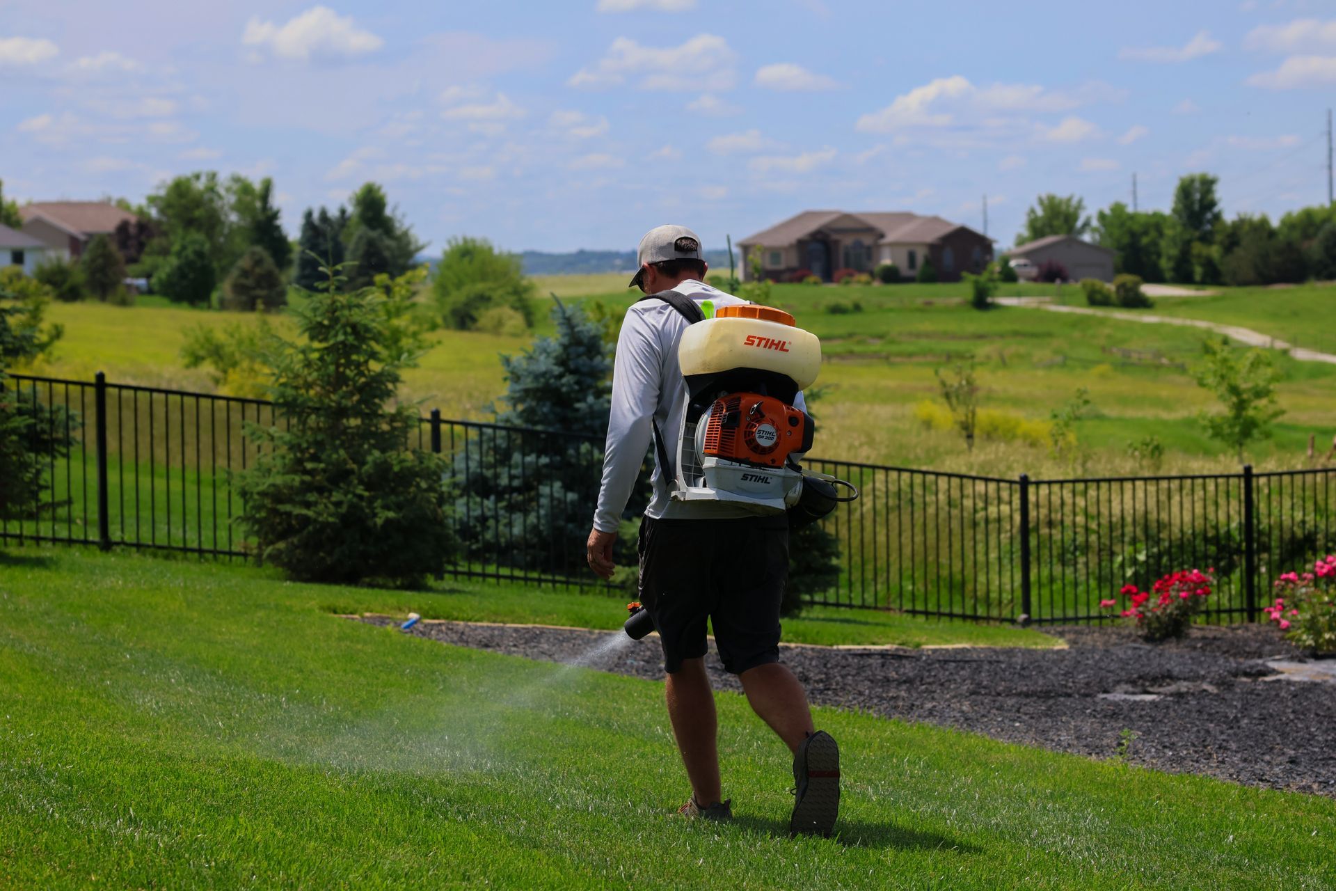Person spraying lawn with backpack sprayer. Green grass, black fence, houses in background. Sunny day.