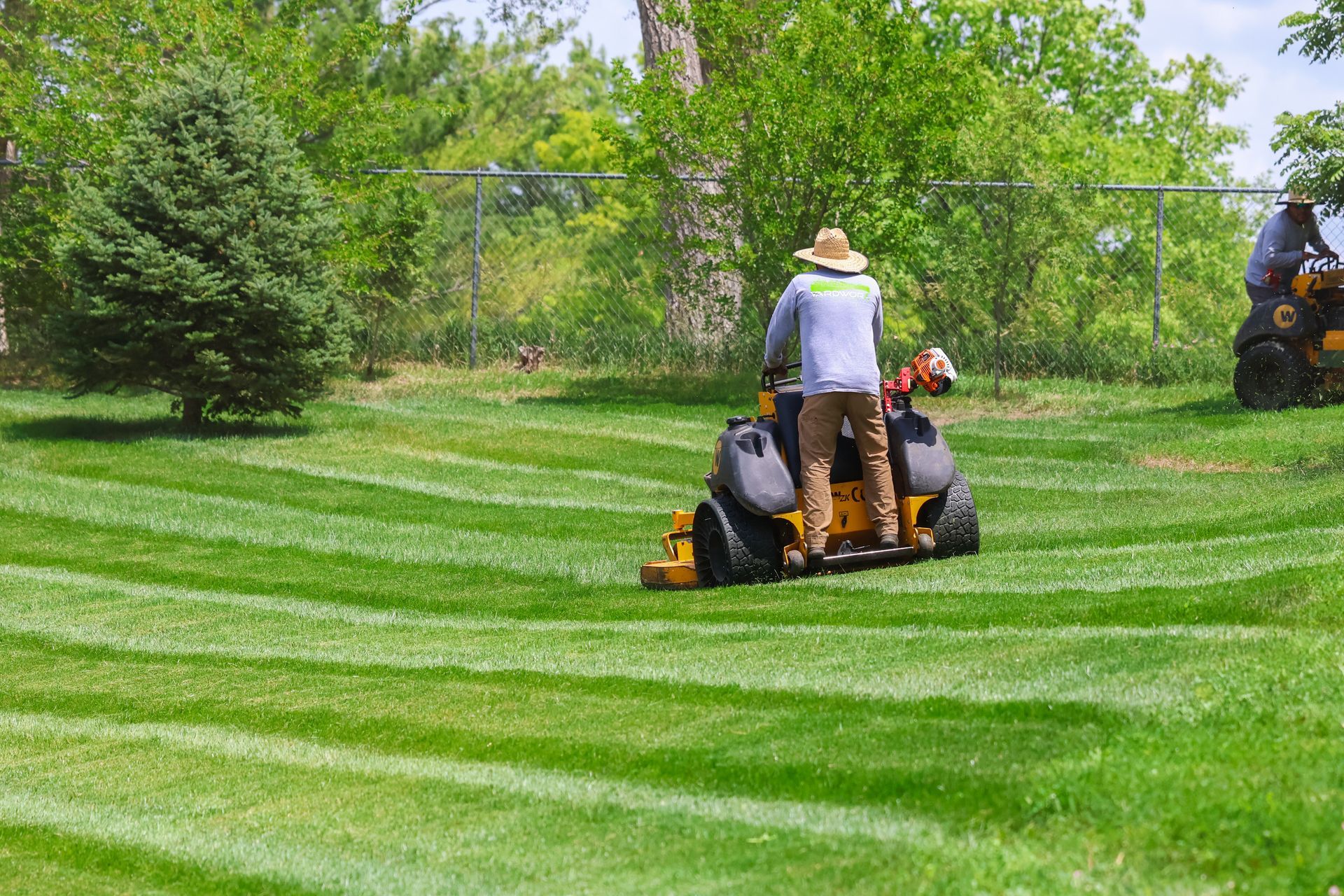 Two people mowing a large lawn with riding mowers, creating striped patterns. Bright green grass, sunny day.