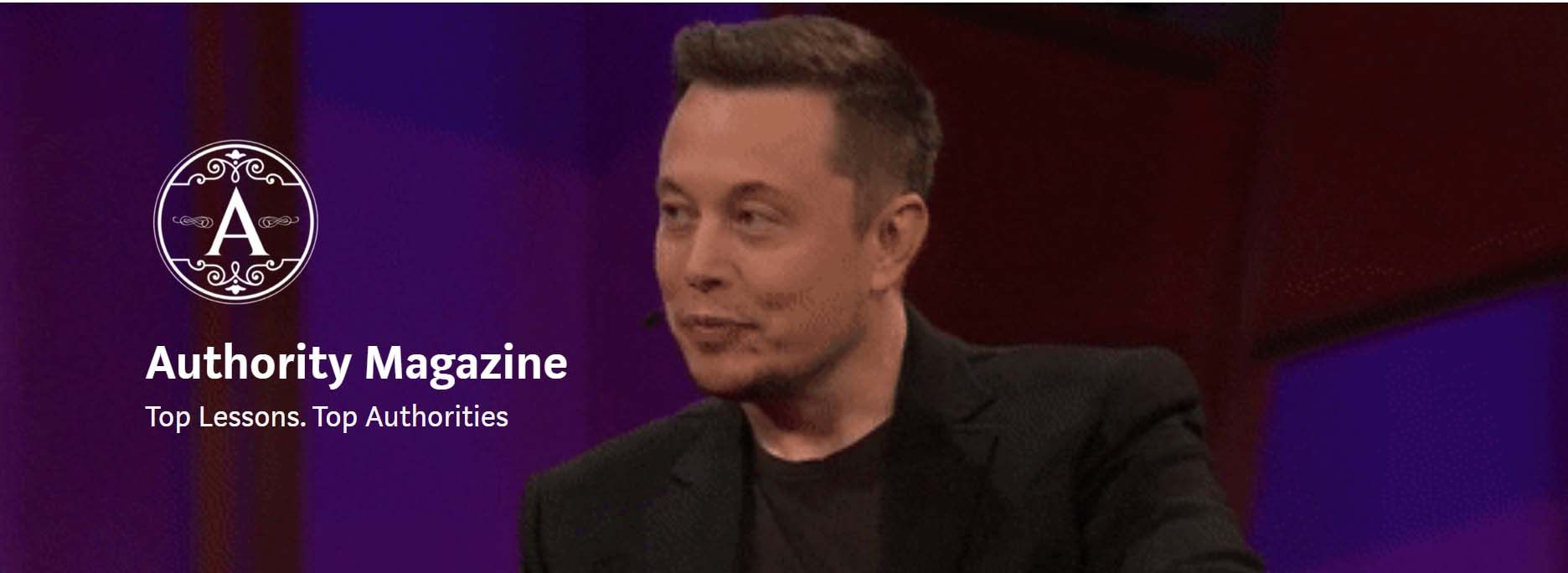 Man in black jacket seated on a red stage beside the Authority Magazine logo