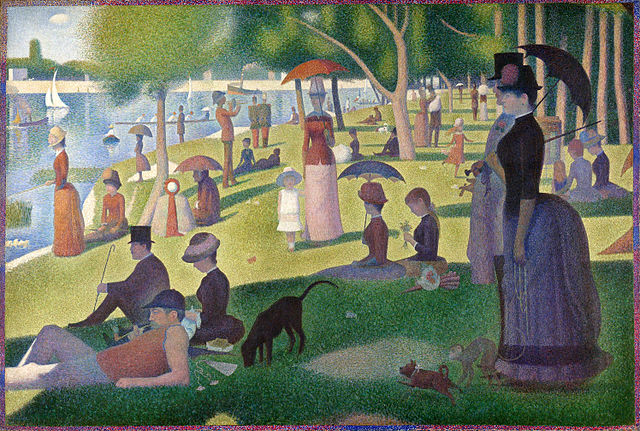 Pointillist park scene with people by water; a woman in a dark dress stands at right with a black dog.