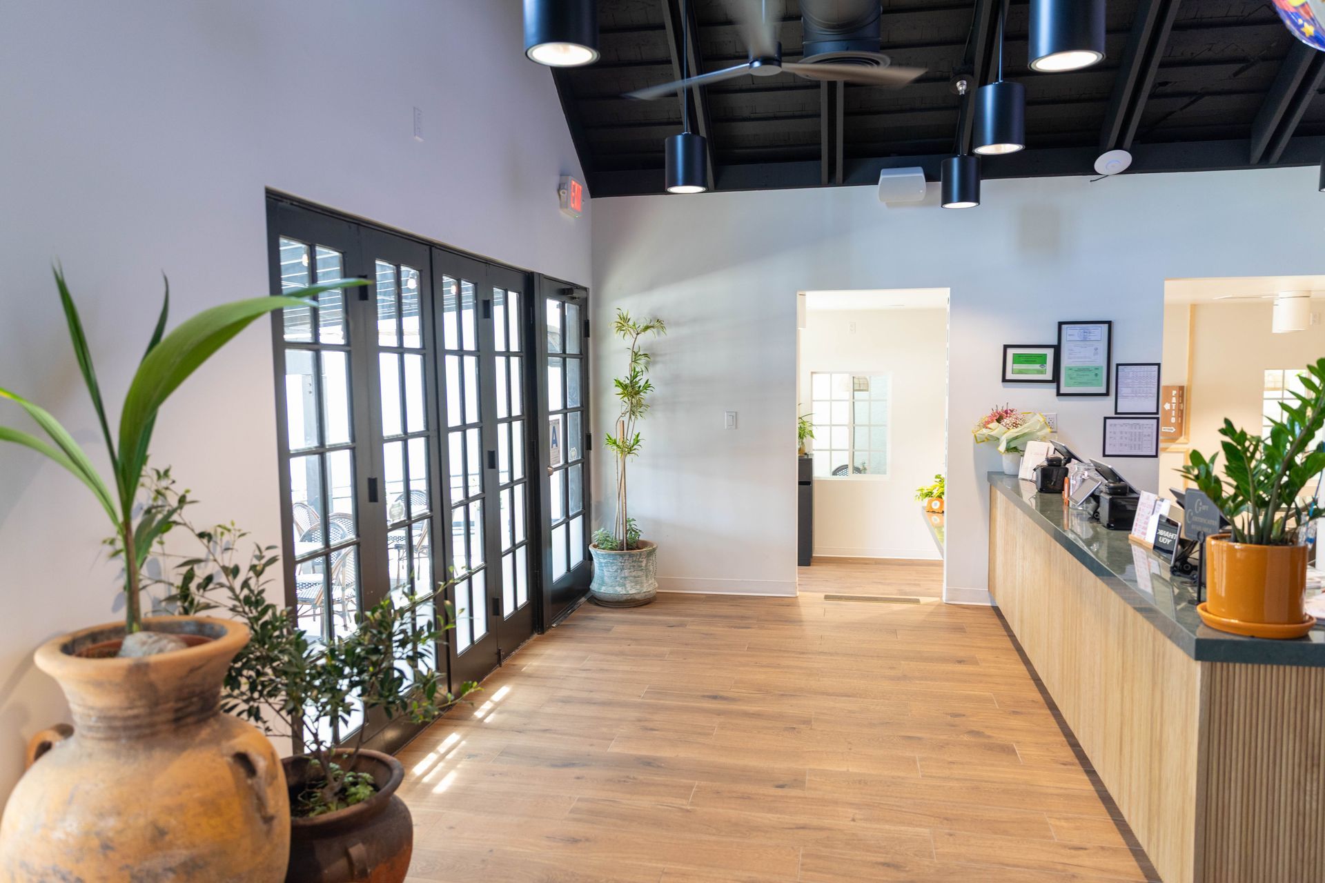 Bright modern lobby with wooden floor, reception desk, large windows, and potted plants