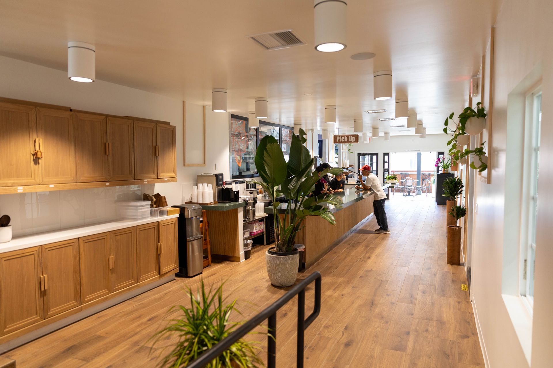 Bright hallway lounge with wood flooring, potted plants, cabinets, and seating in a modern office or clinic