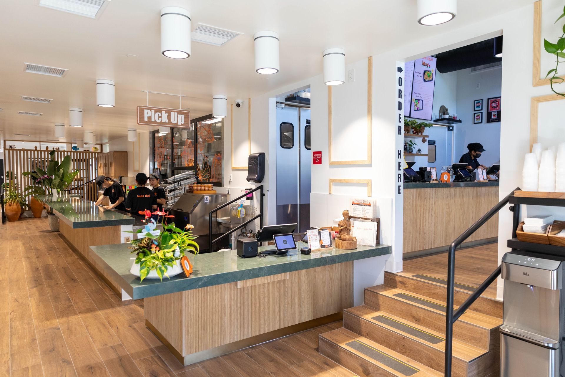 Modern clinic reception with wood floors, white walls, plants, and stairs leading to a raised front desk area