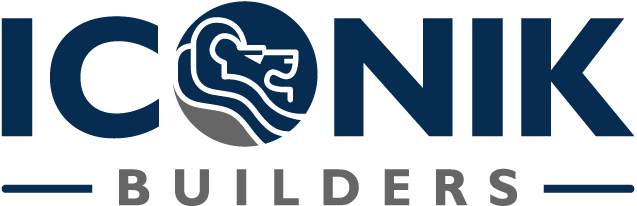 ICONIK BUILDERS logo in navy and gray with a stylized wave icon inside the “O”