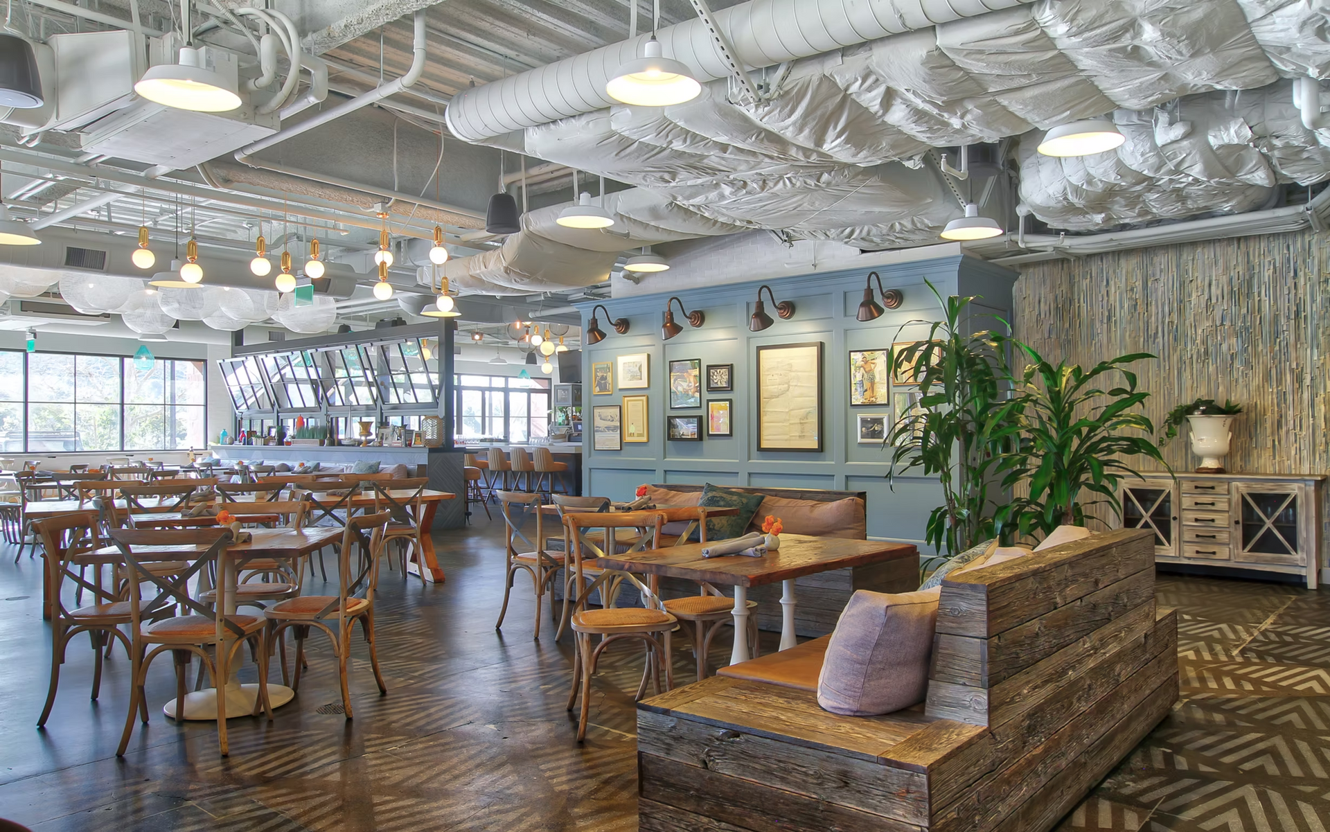 Bright, cozy café with wooden tables, wicker chairs, pendant lights, and a leafy plant in a modern open interior