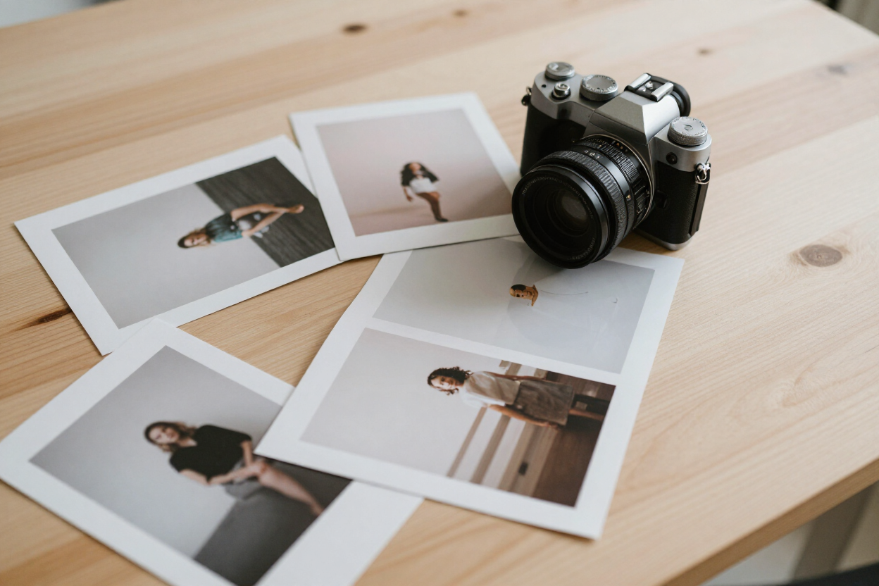 Creative studio workspace with design mockups, camera, and printed photographs on a warm wood table