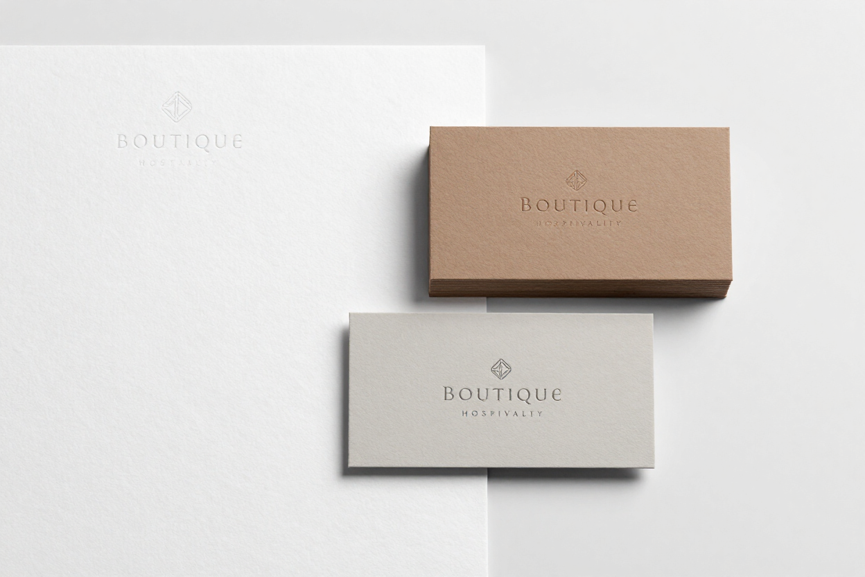Boutique hospitality brand identity system mockup