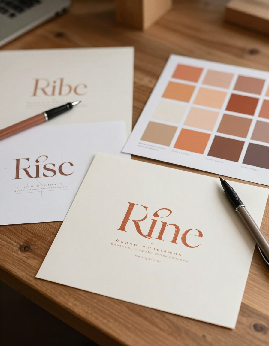 Design studio desk with brand identity work in progress