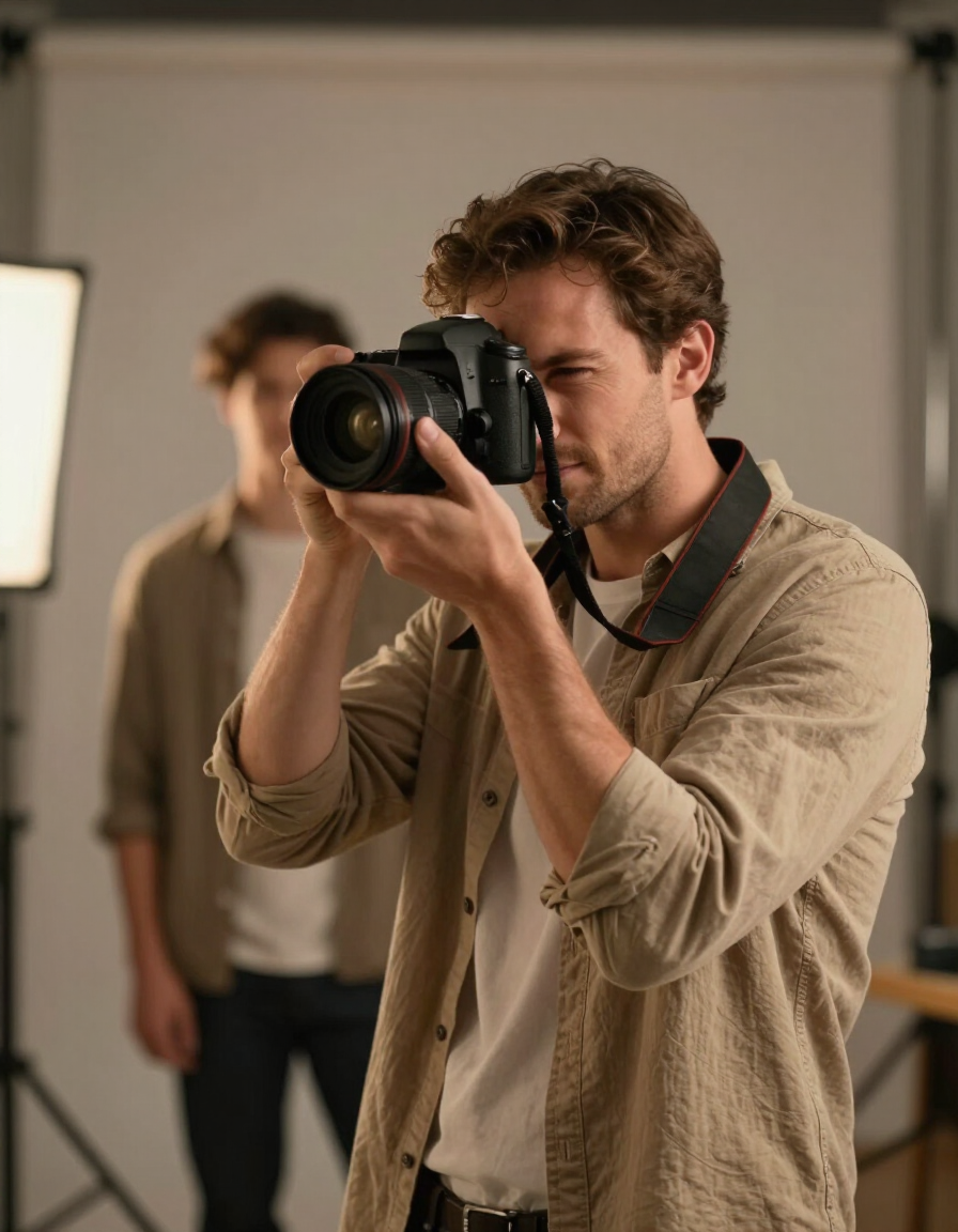Photographer working in a warm-lit studio