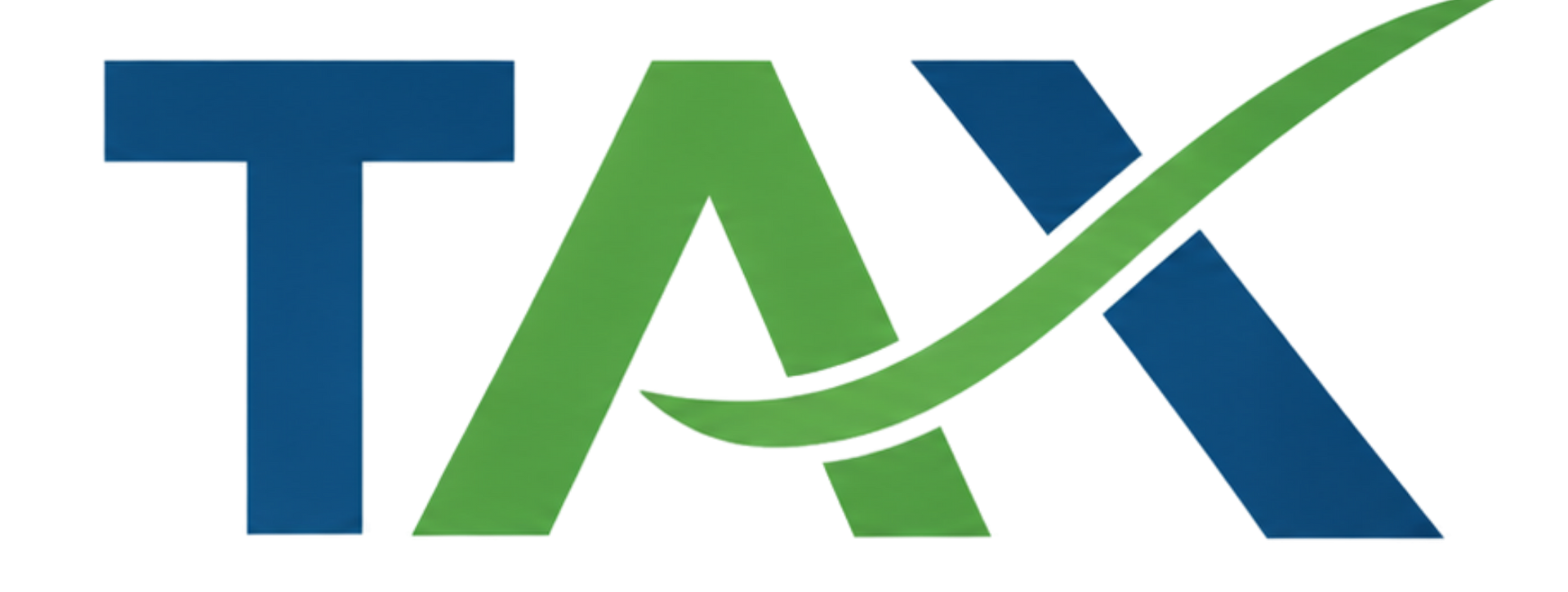 TAX logo with blue and green letters and a green swoosh