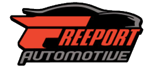 A logo for reefport automotive with a car on it.