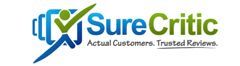 The logo for sure critic is blue and green and says actual customers trusted reviews.