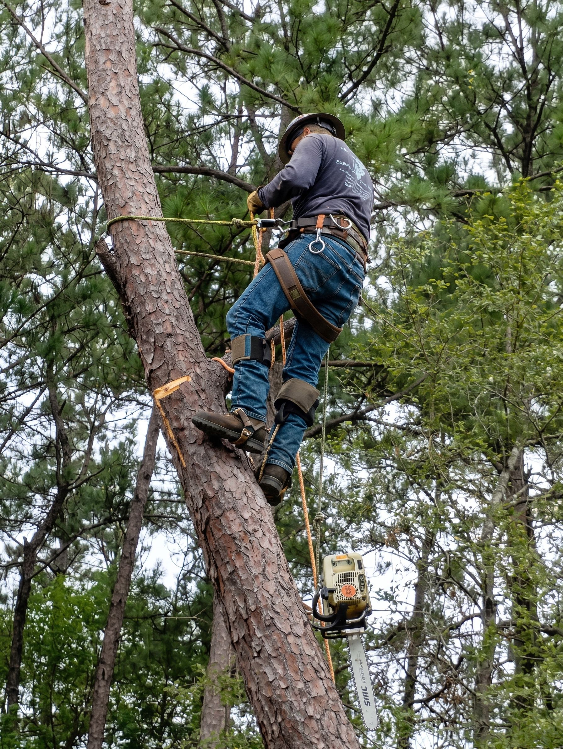 Climber in helmet and harness ascending a tree with ropes in a wooded area