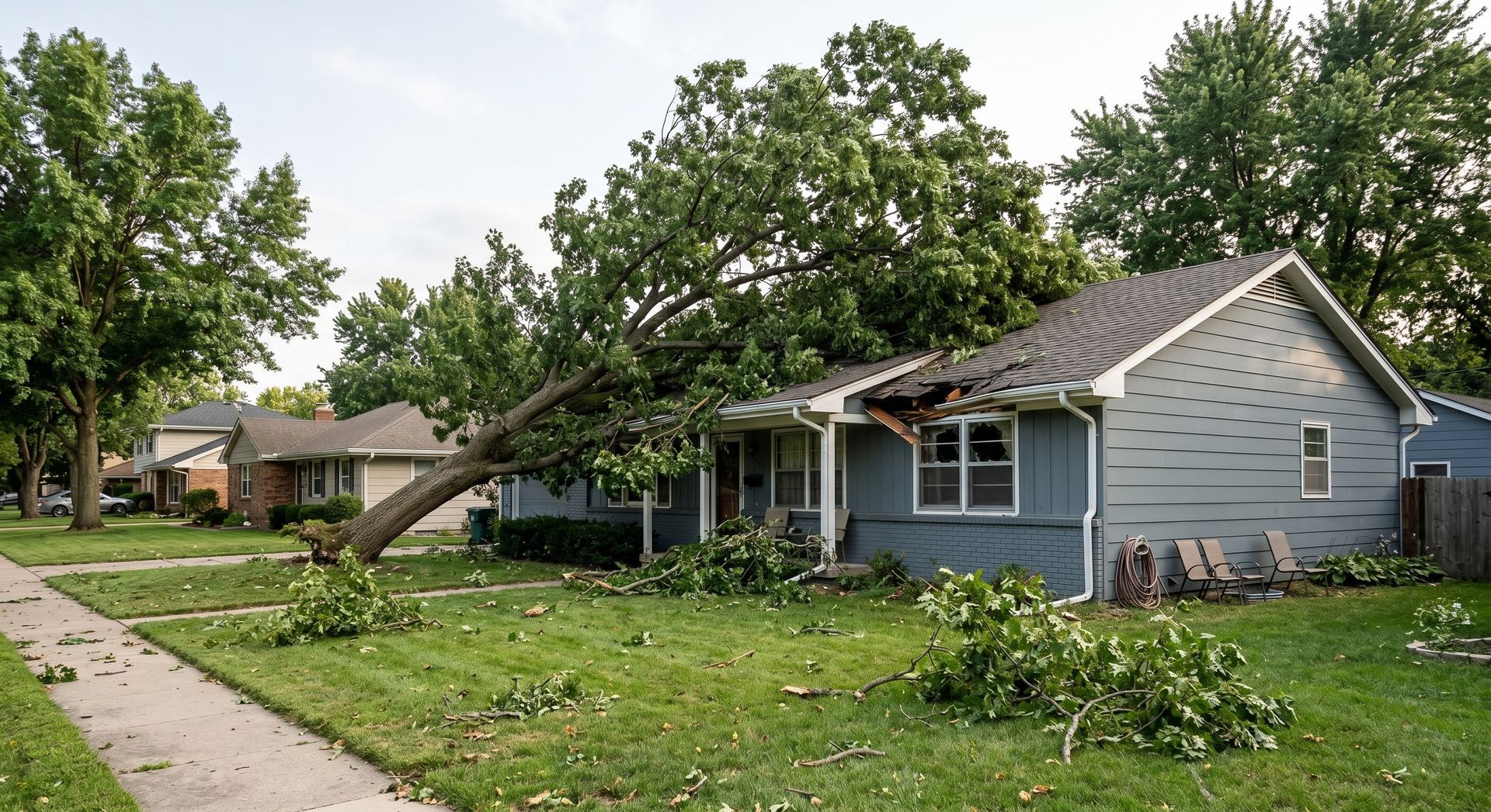 Storm-damaged suburban house with fallen tree branches and debris on the lawn